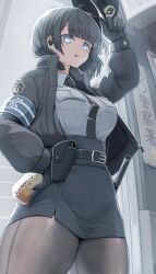 belt big_breasts black_hair blue_eyes bob_cut genek gloves miniskirt open_jacket pantyhose police police_hat police_officer police_uniform policewoman skirt slim_waist thick_thighs wide_hips