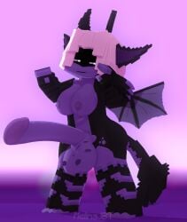 1futa 3d anilem_(mjbt) anthro ball_markings balls black_body black_clothing black_legwear black_mask breasts dragon furry futa_only futanari humanoid_penis melinajbt minecraft penis purple_background purple_balls purple_body purple_penis purple_skin purple_sky purple_wings salmon_hair simple_background solo tagme tail tail_markings tail_tuft white_pupils