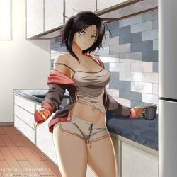 1girls black_hair busty coffee kimmy77 red_hair ruby_rose rwby shorts silver_eyes thigh_clothes thighs