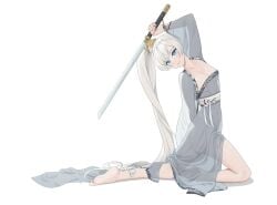 100wang 1girls barefoot blue_eyes female rwby see-through see-through_clothing small_breasts small_waist sword weiss_schnee white_hair