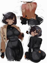 1girls ? absurdres arm_at_side artist_name ass back black_bodysuit black_gloves black_hair blush bodysuit breasts brown_coat closed_mouth coat collage commentary dark-skinned_female dark_skin emma_(pokemon) english_commentary erased female from_behind gloves gybeth hair_between_eyes hair_ornament heart highres holding holding_jacket holding_unworn_clothes jacket large_breasts latex latex_bodysuit long_sleeves looking_at_viewer matiere_(pokemon) matiere_(pokemon_legends:_z-a) median_furrow mega_stone multicolored_gloves orange_gloves pokemon pokemon_legends:_z-a purple_eyes seductive_smile short_hair shoulder_blades sideboob sitting smile solo steaming_body triceps two-tone_gloves undressing unworn_jacket white_background