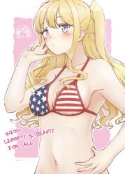 1girls american ami_ria bikini bikini_top blonde_hair blue_eyes blush blush_lines blushing english english_text female fringe human human_only light-skinned_female light_skin long_hair looking_at_viewer magia_record:_mahou_shoujo_madoka_magica_gaiden mahou_shoujo_madoka_magica pale-skinned_female petite pink_background puella_magi_madoka_magica ria_ami sansho_mesp seductive_look solo solo_female solo_focus teenager translated twintails united_states white_background white_skin white_skinned_female