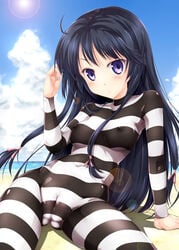 beach black_hair blush boku_wa_tomodachi_ga_sukunai breasts cameltoe erect_nipples false_clothes female female_only fujimoto_akio hair_ribbon human long_hair mikazuki_yozora nail_polish pointy_chin prison_clothes purple_eyes ribbon see-through sitting skin_tight solo striped sun