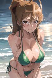 ai_generated beach big_breast big_breasts bikini brown_eyes brown_hair busty green_bikini green_swimsuit green_swimwear highschool_of_the_dead large_breast large_breasts long_brown_hair long_hair ocean rei_miyamoto swimsuit swimwear thick_thighs wet wet_body wet_skin