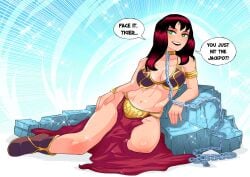 1girls belly_dancer belly_dancer_outfit boots chain_leash chained cleavage femsub green_eyes harem_girl harem_outfit large_breasts loincloth long_hair marvel marvel_comics mary_jane_watson red_hair slave slave_bikini slave_collar slave_leia_(cosplay) slave_outfit slavegirl sonchapo speech_bubble spider-man_(series) star_wars submissive_female voluptuous