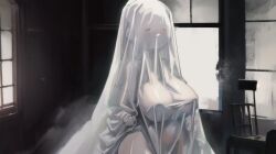 ai_generated big_belly big_breasts breasts cute ghost ghost_girl kawaii killerru plump sheets shy