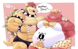 abs absurd_res anthro belly blonde_hair bovid bovine bowser boxers_(clothing) bracelet cake cattle clothing dessert dialogue duo english_text feeding food green_body hair hi_res jewelry kofu_grizzly_chubby koopa male male/male mammal mario_(series) muscular necklace nintendo obese obese_male overweight overweight_male pecs pubes red_body red_hair reptile scalie simple_background text tongue tongue_out underwear yellow_body