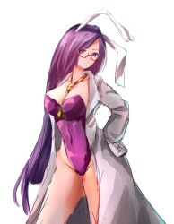 1girls 2d 2d_(artwork) asakura_rikako belly_button belly_button_visible_through_clothing big_breasts breasts bunny_ears bunnysuit coat eyebrows_visible_through_hair female female_focus female_only glasses gloves hand_on_hip hips human lab_coat legs light_skin light_skinned_female long_hair looking_at_viewer magician purple_bunnysuit purple_eyes purple_hair rikako_asakura scientist simple_background solid_color_background source standing teruteru12 thick_hips thick_thighs thighs tie touhou touhou_(pc-98) white_background white_coat white_gloves white_lab_coat yellow_tie