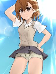 1girls 2020s 2022 :o arm_behind_head ass_visible_through_thighs bare_thighs blush brown_eyes brown_hair day female gluteal_fold hand_on_own_hip hi_res looking_at_viewer matching_hair/eyes miniskirt misaka_mikoto modesty_shorts ogiminami open_mouth outdoors pubic_hair school_uniform schoolgirl short_hair shorts shorts_under_skirt skirt sky solo standing sunlight teenage_girl teenager thighs to_aru_kagaku_no_railgun to_aru_majutsu_no_index tokiwadai_school_uniform young