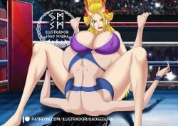 beast_pirates black_maria blonde_hair blue_eyes breasts brown_hair catfight female female_only folding_pin horns joao_segura large_breasts nico_robin one_piece post-timeskip submission wano_country wrestling