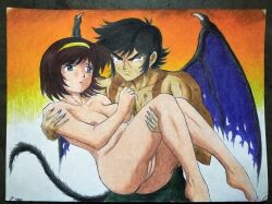 1boy 1girls akira_fudou anus ass black_eyes black_hair black_pants blood brown_hair calf_muscles carrying carrying_another carrying_position couple dark_wings demon_boy demon_tail demon_wings devilman devilman:_the_birth feet female hands-free hurt kodansha long_nails male miki_makimura naked_female nipples no_sex nude nude_female nude_female_clothed_male pussy sad serious short_hair tail topless_male traditional_art traditional_drawing_(artwork) traditional_media traditional_media_(artwork) turquoise_eyes vulva wings yamidanight yellow_headband