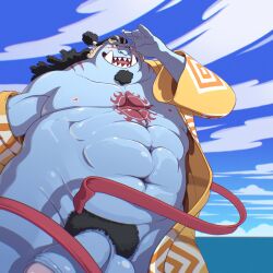 balls blue_skin blush boner chuchugelee erection facial_hair fangs fish-men_(one_piece) fishman flaccid_penis flashing foreskin jinbe male male_only musclegut muscular muscular_male non-human one_piece overweight penis pubic_hair robe sharp_teeth smiling solo solo_male stripping tattoo tusks underbite