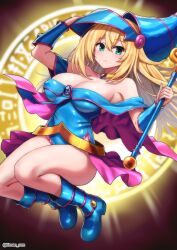 1girls blonde_hair boots clothing dark_magician_girl duel_monster green_eyes hat kinnan_com large_breasts long_hair runes solo staff star_of_david unhappy yu-gi-oh!