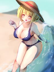 1girls 2d 2d_(artwork) bare_shoulders beach belly_button big_breasts bikini blonde_hair blue_bikini blush blush_lines breasts clothed clothes dot_nose eyebrows_visible_through_hair female female_focus female_only gloves hair_between_eyes happy hat hips humanoid kana_anaberal leaning leaning_forward light_skin light_skinned_female looking_at_viewer open_mouth partially_clothed partially_clothed_female poltergeist short_hair source standing teruteru12 thick_hips thick_thighs thighs touhou touhou_(pc-98) white_gloves yellow_eyes