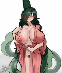 1girls areola_slip areolae artist_name bathrobe big_breasts blush female female_only fin green_eyes green_hair hair_over_one_eye heavy_blush joeydrawss long_hair looking_at_viewer nude_underneath original pubic_hair shark_girl solo tail tammie_(joeydrawss) white_background