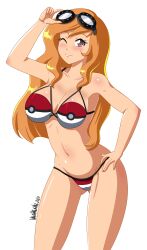 bikini danmakuman female_only googles hand_on_head hand_on_hip human_meggy long_hair looking_at_viewer meggy_spletzer orange_hair pokeball_clothing posing smg4 themed_clothes themed_object wink