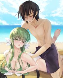 1boy 1girls beach big_breasts budgie budgiepon c.c. code_geass feet_up laying_down legs_up lelouch_lamperouge male_on_top sunscreen topless