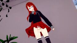 3d blue_eyes femboy gloves hellfish hoodie koikatsu long_hair oc penis public public_exposure red_hair skirt skirt_lift thighhighs