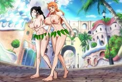 2girls big_breasts boobs breasts demidevimon_(artist) embarrassed embarrassed_nude_female embarrassing_outfit exhibitionism exhibitionist female female_only functionally_nude functionally_nude_female large_breasts naked naked_female nami nico_robin nipples nude nude_female one_piece post-timeskip public public_exposure public_humiliation public_indecency public_nudity pussy tits tricked tricked_into_exposure