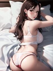 1girls ai_generated ai_mirror back_view bed bed_sheet blush brown_eyes brown_hair earrings long_hair looking_back_at_viewer lying_on_bed medium_ass panties pillow seductive white_and_red white_bra white_skin