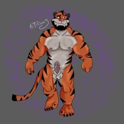 absurd_res anthro aroused balls barazoku biceps blush bodily_fluids cum demons_within edwin erection felid feline fur genital_fluids genitals hi_res k9point5 male mammal muscular muscular_anthro muscular_male nipples nude orange_tiger pantherine pecs penis simple_background solo stripes tail tiger