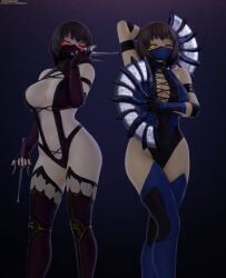 2girls 3d big_breasts blender_(software) blush breasts brown_hair chara color eyes_half_open fan female female_only frisk glowing_eyes inner_sideboob kitana_(cosplay) large_breasts leotard mask masked_female mileena_(cosplay) mortal_kombat one_eye_closed patreon_username red_eyes revealing_clothes sai_(weapon) short_hair simple_background thick_thighs thighhigh_boots thighs undertale undertale_(series) watermark weapon weapons white_skin yamimarik1994 yellow_eyes