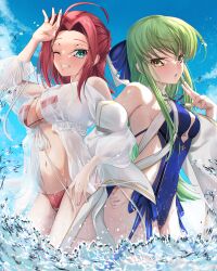 2girls beach big_breasts bikini budgiepon c.c. cleavage code_geass female kallen_stadtfeld swimsuit water