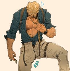 1boy 2023 bara bara_tits barazoku blonde_hair blush bulge chris_sdd clothing hairy_arms hairy_chest hi_res highres jujutsu_kaisen kento_nanami male male_focus male_nipples male_only male_pubic_hair manly muscular_male nipples open_clothes solo solo_male tight_clothing