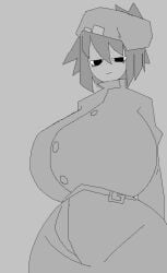 1girls 4four44 animated anon black_and_white blush breast_grab breasts breasts_out fondling grabbing groping huge_breasts monochrome nipples presenting presenting_breasts slideshow text unbuttoned unbuttoning undressing