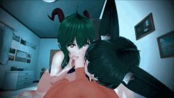 1boy 2020s 2023 2girls animated bedroom big_penis black_hair blue_eyes blush collaborative_fellatio double_fellatio dragon_girl dragon_horns eeiris fellatio female fox_ears gif green_hair heart-shaped_pupils kitsune koikatsu kristyrex lingerie male mei-ling_(neobaka) multiple_girls neobaka night oral pointy_ears red_horns teamwork threesome unseen_male_face virtual_youtuber vtuber yellow_eyes