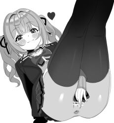 ahoge anus bar_censor between_legs black_choker blush bow bowtie cardigan censored choker closed_mouth covering covering_crotch dngm dot_nose female fingernails greyscale hair_ribbon hand_between_legs heart hoshikawa_sara hoshikawa_sara_(4th_costume) legs_up long_hair long_sleeves looking_at_viewer monochrome nijisanji no_panties official_alternate_costume plaid plaid_skirt pleated_skirt pussy ribbon school_uniform shirt skindentation skirt smile solo thighhighs twintails virtual_youtuber