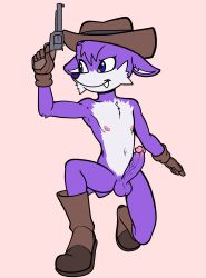 anthro balls blue_eyes boots clothing dipodid erection fang_the_sniper footwear fours_(artist) genitals gloves gun handgun handwear hat headgear headwear hi_res jerboa kneeling male male_only mammal mostly_nude nipples purple_body ranged_weapon revolver rodent solo weapon