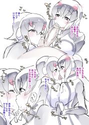 1boy 2girls african_penguin_(kemono_friends) bisexual_female black_hair collaborative_fellatio cooperative_fellatio elbow_gloves erection fellatio gloves grey_eyes headphones highres hood hoodie humboldt_penguin_(kemono_friends) kemono_friends kissing long_hair multicolored_hair multiple_girls oral osasimilli penguin_girl penis pink_hair short_hair simple_background straight straight_hair teamwork testicles translation_request white_hair