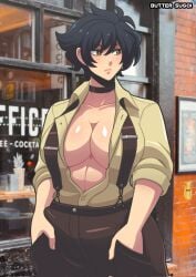 abs big_breasts black_hair butter_sugoi choker cleavage hands_in_pockets shirt_open short_hair suspenders unbuttoned_shirt yellow_fur