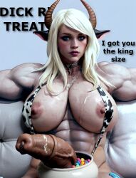 3d abs ai_generated animal_ears armpits arms_spread bikini bikini_aside blonde_hair blue_eyes candy dark_skin exposed_breast futa_only futanari half-erect halloween hdregrets horns horsecock large_breast looking_at_viewer muscular muscular_futanari nipples penis precum semi-erect sling_bikini slingshot_swimsuit solo_futa swimsuit talking_to_viewer