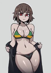 1girls ai_generated breasts brown_hair edit edited exposed_panties female panties red_eyes short_hair swimsuit thighs