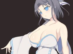 1girls ashino bare_shoulders blue_eyes cleavage collarbone dress female grey_hair hair_ornament large_breasts light_skin light_skinned_female medium_hair pointing senran_kagura solo yumi_(senran_kagura)