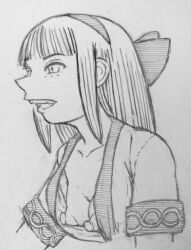 1girls ainu_clothes breasts female female_only hi_res king_of_fighters long_hair monochrome nakoruru nipples open_clothes open_mouth samurai_shodown small_breasts smile snk solo traditional_media traditional_media_(artwork)