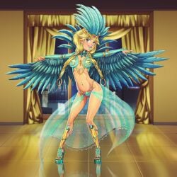 1girls 2020s 2022 absurd_res blonde_hair blue_eyes blue_footwear blue_headwear blue_lips blue_nails blue_wings braid brazilian_carnival brazilian_carnival_outfit breasts bridal_gauntlets carnival commission disney earrings elyon_brown elyon_escanor feathered_wings feathers female female_only festival full_body gluteal_fold hair_ornament headdress hi_res highleg highleg_panties human indoors jetix jewelry lipstick long_hair looking_at_viewer makeup medium_breasts nail_polish navel_piercing open_mouth panties piercing png revealing_clothes samba smile solo spread_legs standing thighs tile_floor tiles tlacuicani toenail_polish toenails twin_braids underwear w.i.t.c.h. wings