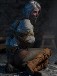 3d bondage ciri clothed clothed_bondage domination female female_only gag gagged green_eyes jail rope rope_bondage skvrwiel slave solo the_witcher_(series) the_witcher_3:_wild_hunt tied_up white_hair