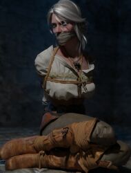 3d bad_end bondage boots ciri clothed clothed_bondage domination female female_only gag gagged green_eyes rope rope_bondage skvrwiel slave solo the_witcher_(series) the_witcher_3:_wild_hunt tied_up white_hair