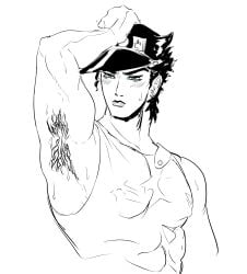 1boy armpit_fetish armpit_focus armpit_hair armpit_sweat armpits hand_on_head jojo's_bizarre_adventure jotaro_kujo male male_only no_visible_genitalia solo stardust_crusaders sweat vintaro