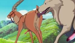 anal anatomically_correct animal_genitalia anus aroused balls bodily_fluids canid canine canine_genitalia canis cervine cervine_genitalia deer drooling duo fan_character feral feral_only foreplay gay genital_fluids genitals hi_res holidaypup interspecies knot male male/male mammal mononoke_hime mountain oral outdoors penis precum presenting presenting_anus princess_mononoke red_deer red_elk rimming rimming_male saliva saliva_on_anus saliva_string seductive sex size_difference studio_ghibli testicles wolf yakul