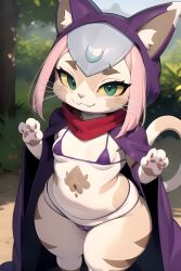 2023 ai_generated anthro bikini capcom cat_ears cat_tail catgirl daidouji_(artist) daidoujipv felyne felyne_(monster_hunter) from_behind furry green_eyes kerchief looking_at_viewer micro_bikini monster_hunter purple_bikini purple_bra purple_cape purple_panties red_kerchief small_breasts smaller_female smile smiling smiling_at_viewer tagme tsukino_(monster_hunter_stories) yellow_sclera