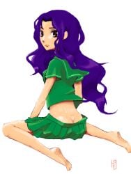 ass barefoot butt_crack dark_hair diamond_is_unbreakable feet jojo's_bizarre_adventure legs looking_at_viewer looking_back lowleg lowleg_skirt midriff_peek purple_eyes purple_hair school_uniform stylized yukako_yamagishi