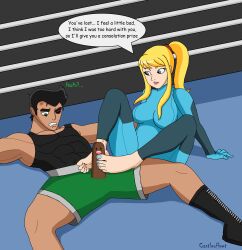 blonde_hair boxing boxing_gloves boxing_ring diglett female footjob funny humor little_mac metroid muscular nintendo punch_out samus_aran text zero_suit zero_suit_samus