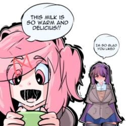 2girls big_breasts big_thighs classroom commission_art commissions_open cum_in_cup cum_in_mouth cup curvy_female dialogue doki_doki_literature_club english_text female female_only multiple_girls natsuki_(doki_doki_literature_club) pink_eyes pink_hair purple_eyes purple_hair school_uniform schoolgirl text text_bubble unaware vi_wesker yuri_(doki_doki_literature_club)