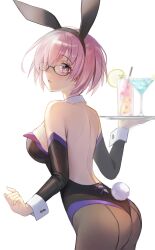 1girls 2020s 2021 animal_ears ass back bare_back bare_shoulders black_leotard blush breasts brown_pantyhose bunny_ears bunnysuit cup detached_collar drinking_glass fake_animal_ears fate/grand_order fate_(series) female glasses hair_over_one_eye hi_res highleg highleg_leotard large_breasts leotard light-skinned_female light_purple_hair light_skin looking_at_viewer looking_back mash_kyrielight moguta_(moguta9) open_mouth pantyhose playboy_bunny purple_eyes rabbit_ears rabbit_tail short_hair shoulder_blades simple_background solo standing tail thighs tray white_background wrist_cuffs