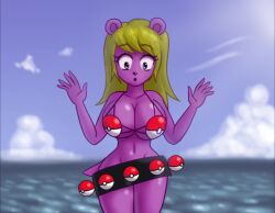 animated belt beltskirt big_breasts big_hips bikini bikini_top blonde_hair blue_eyes day embarrassed embarrassed_female embarrassed_nude_female luiggikart mary_otter_(luiggikart) mary_otter_(superyinyangyogalaxy) mary_otter_(woo_foo_battlefield) oc ocean otter otter_girl otter_humanoid outdoors pokeball pokeball_belt pokeball_clothing purple_fur saf-404 saf404 saf_404 safartwoks safartworks superyinyangyogalaxy tagme throwing_clothing undressing video woo_foo_battlefield yin_yang_yo!_oc