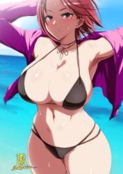 1girls beach big_breasts bikini black_bikini breasts brown_eyes brown_hair cowboy_shot curvaceous curvy female female_only high_resolution highres jacket king_of_fighters large_breasts looking_at_viewer okyou open_clothes open_shirt purple_shirt shirt short_hair signature snk swimsuit thick thick_hips voluptuous whip_(kof) wide_hips